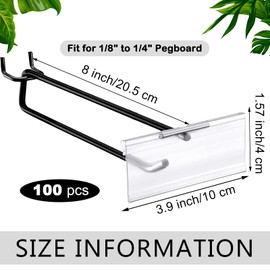 Tandefio 50 Pack 8 Inch Black Metal Peg Board Hooks with Clear Plastic Label Holder Stainless Steel Display Pegboard Hooks for 1/8'' to 1/4'' Pegboard Wall for Garage Storage Retail Shop Supplies