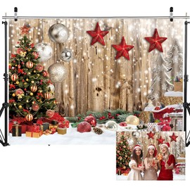 DHXXSC 8X6FT Christmas Wood Wall Photography Banner Backdrop Wood Floor Backdrop Winter Snow Xmas Tree Gift Christmas Family Party Background New Year Party Decoration Backdrop DH-812