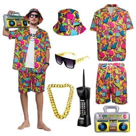 OPAEHJF Men's 80s 90s Outfit, 7 Pieces, 80s 90s Outfit, Retro Shirts and Shorts Set with Gold Chain Sunglasses, Fashion Sportswear for Fancy Dress, Disco Party, red