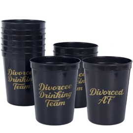 Brosash Divorce Party Cups - Pack of 10 Black Plastic Cups with Gold Text: (1) "Divorced AF & (9) "Divorcee Drinking Team | Divorce Party Decorations for Women and Men Gifts Party Favors Ideas