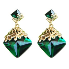 Navachi 18k Gold Plated Crystal Flower Leaves Square Green Zircon Az2871e Drop Dangle Stud Earrings