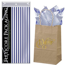 Flexicore Packaging Natural Brown Kraft Paper Welcome Bags & Navy Blue Gift Wrap Tissue Paper | Size: 5.25 Inch X 3.25 Inch X 8.25 Inch | Count: 50 Bags | Color: Navy Blue Pin Stripe