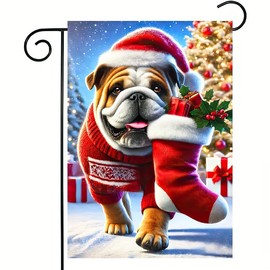 Christmas Dog Garden Flag English Bulldog with Santa Hat Yard Flag 12x18 Inch Double Sided for Outside Winter Holiday Decorations Banner Front Porch Yard Lawn Decor