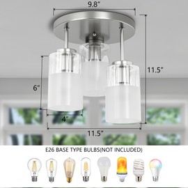 Maxax 3-Lights Nickel Semi Flush Mount Ceiling Light Fixture, 11.5" Modern Farmhouse Light Fixture with Clear Frosted Glass, E26 Base, for Kitchen, Foyer, Hallway, Entryway, Bedroom, Stairs