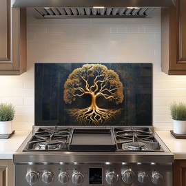 Tempered Glass Backsplash For Kitchen Behind Stove,The Golden Tree of Life,Stove Backsplash Top Cover,Easy to Clean Glass Splashback, Sink Cover Splash Guard,Home Kitchen Wall Decor (30"x16"(76.2x40.64cm))