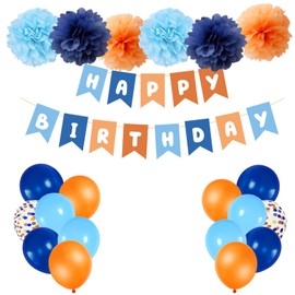Blue and Orange Happy Birthday Decorations, Blue Orange Party Decorations with Banner Balloons and Pompoms Birthday Décor for Kids Boys Girls