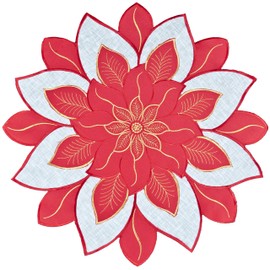 Embroidered Holiday Christmas Red White and Gold Star Poinsettia Doily Placemat Small Table Topper Doily (24 Inch Round)