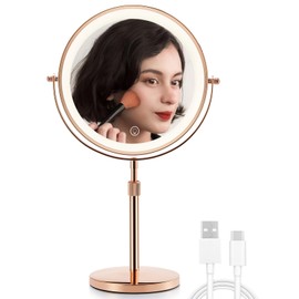 OMIRO 8.5 Inches Lighted Makeup Mirror with 3X/10X Magnifications, Double Sided Swivel Vanity Mirror with Height-Adjustable Stand (Rose Gold)