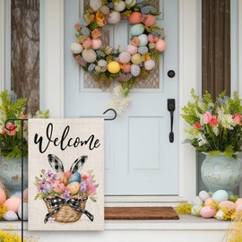 FUYUCHEN Welcome Easter Garden Flag 12x18 Inch Double Sided Outside Easter Eggs Bunny Floral Yard Holiday Flag