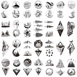 30 hojas de tatuaje temporal del espacio de la montaña negra, tatuaje de manos para hombres y mujeres, diseño de estrella del bosque, diseño de luna, arte corporal en brazo, cuello, hombro, clavícula impermeable