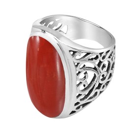 AeraVida Bold Lrg Oval Reconstructed Red Coral Intricate Heart Filigree .925 Sterling Silver Ring (10)