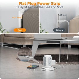 Surge Protector Power Strip Tower, TESSAN Flat Plug Extension Cord 10 Ft with 8 AC Multiple Outlets 4 USB Ports (1 USB C), 1050J Protection Desk Charging Station for Home, Office Supplies, Dorm Room