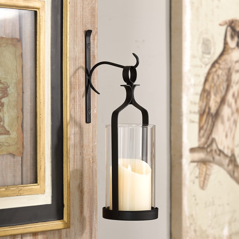 Souliron Hanging Hurricane Glass Wall Sconce Candle Holder Black Metal