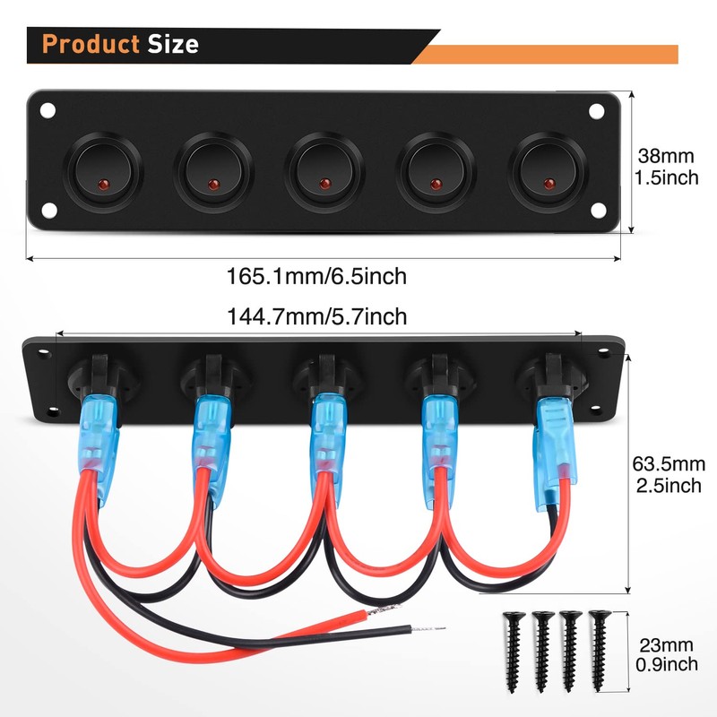 GOOACC 5 Gang 3 Pin Rocker Switch Panel 20A Waterproof