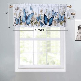 Dabuniu Valance Rod Pocket Curtain, Butterfly Pattern, Blue Butterflies Flower, 54x18 Inch (1Pcs), Kitchen Curtain
