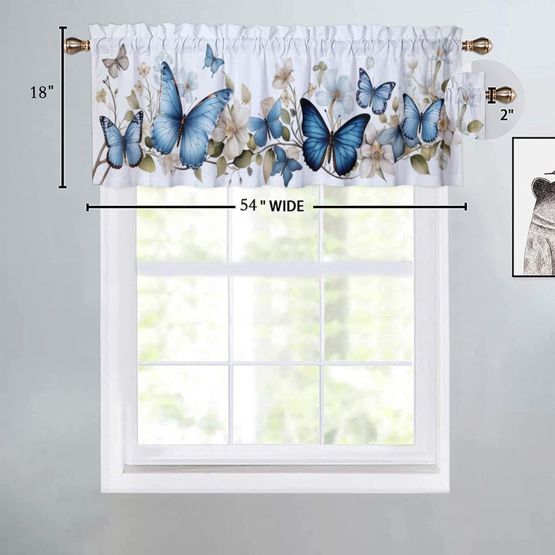 Dabuniu Valance Rod Pocket Curtain, Butterfly Pattern, Blue Butterflies Flower,