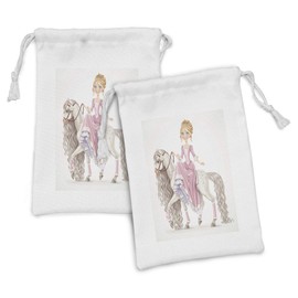Ambesonne Feminine Fabric Pouch Set of 2, Smiling Cartoon on a White Horse Mane Happiness Theme Animal Print, Small Drawstring Bag for Toiletries Masks and Favors, 9" x 6", Cream Pink