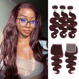 MOMOSHERO 99j Red Wine Colored 3 Bundles and 4x4 HD Closure Human Hair Body Wave 16 18 20+16 Inch, Soft and Glossy 10A Dark Burgundy Sew In Bundles with Free Part Closure Pre Plucked 100% Remy Hair