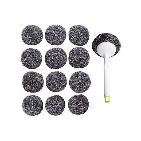 Kitchen Sumo Stainless Steel Sponges Scourer Set with Handle 40 Gram - Pack of 12 - Large Stainless Steel Scrubbers - Metal Scouring Pads - Kitchen Cleaning Tool