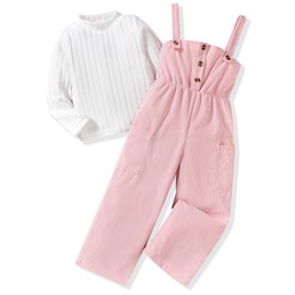 HINTINA 6T Toddler Little Girl Fall Winter Clothes Corduroy Button Down Pinafore Overall Jumpsuit Romper Suspender Pants Set Long Sleeve 2 Pieces Outfits Spring Clothing Suit 6-7T Years