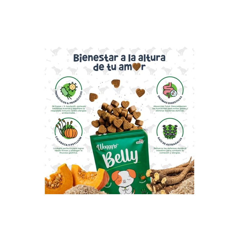 Waggys Belly, Suplemento Digestivo con Probióticos para Perros, 60 pzs