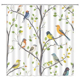 Fsfusvk Bird Shower Curtain Spring Colorful Birds on Tree with Spring Green Leaves Farmhouse Rustic Cute Polyester Fabric Bathroom Curtain Sets Hooks 70 x 70 Inch