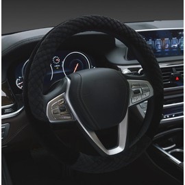 Winter 38cm Premium Soft Short Fur Car Steering Wheel Cover High-Density Warm Plush Steering Wheel Protector Cover Black