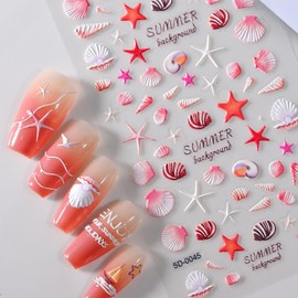 Ocean Embossed Nail Art Stickers,5d Summer Tropical Nail Stickers,Beach Self-Adhesive Nail Sticker,Cute Starfish Palm Tree Sea Shell Nail Supplies for Women Acrylic Nails DIY Nail Design Decoration