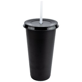 Vasos de plástico con tapa y popote | Vaso reusable tipo termo para café, té y agua | Libre de BPA | Vaso con tapa y popote de 24 Oz | Paquete de 10 vasos color Negro