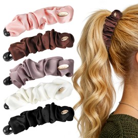 5PCS Satin Banana Hair Clips for Women Thin Hair 4.3 Inch Medium Claw Clips Classic Ruched Fabric Banana Clip for Hair Curly Hair Styling Curly Lady Non Slip Ponytail Retro Accessories Women Girls