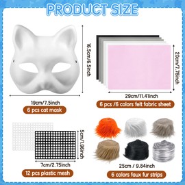 Draupnir 6Pcs Therian Mask Kit Cat Fox Mask with Felt Fabric Sheet, Fur and Eye Mesh, DIY Blank White Paper Cat Face Mask to Paint