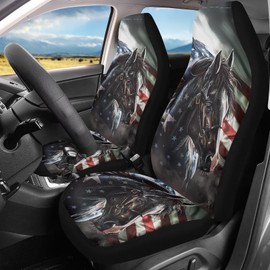 Guevoxuh 2 Piece Car Seat Cover for Front Seat Vintage American Flag Horse Print Breathable Vehicle Seat Cushion Cover Interior Accessories Universal Fit Most Car Sedan Van Truck