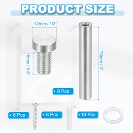PATIKIL 12x80mm Standoff Screws, 8 Pack Stainless Steel Wall Mount Sign Standoffs Mounting Hardware Advertising Nail for Hanging Acrylic Picture Frame, Silver