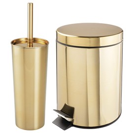 mDesign Metal Steel/Plastic Toilet Bowl Brush/Holder and Round 1.3 Gallon/5L Step Trash Can Combo Set for Bathroom; Holds Trash, Recycling, Deep Cleaning, Mirri Collection, Brass