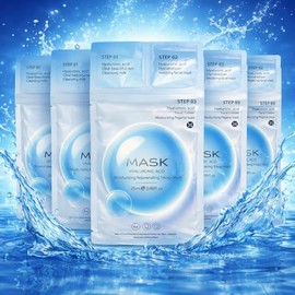 Pack 5 Mascarillas Faciales Ácido Hialurónico 3 Pasos Premium – Limpieza + Mascarilla + Esencia Hidratante – Tratamiento Rejuvenecedor Intensivo 25ml c/u