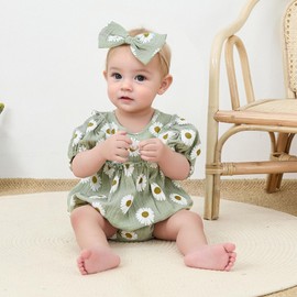 Baby Girl Rompers Daisy Short Sleeve Infant Bodysuit Summer Newborn Girl Linen Cotton Jumpsuit Clothes Headband (Green, 6-12 Months)