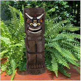 homestyles 12" H Solar Boxer Friki-Tiki Table Top Pathway Full Body Wooden Tribal Totem Pole Painted Accent Bamboo Finish Garden Statue