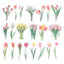 PATIKIL Transparent Tulips Flower Vinyl Stickers, 40 Sheet Waterproof PET Flowers Decals Floral Stickers for Scrapbook Journaling Crafts DIY Water Bottles, Pink