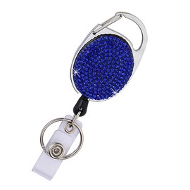 Bling Rhinestone Retractable Badge Reel, Glitter ID Badge Holder with Belt Clip and Key Ring, Pull Cord up to 24 inches, Women Girls Gifts, 1 Piece, Dark Blue