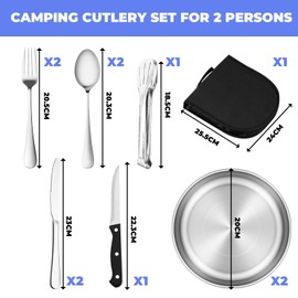 Camping Crockery Set for 2 People, 10 Pieces Stainless Steel Camping Cutlery, High Quality, Space-saving for Outdoor, Picnic, BBQ