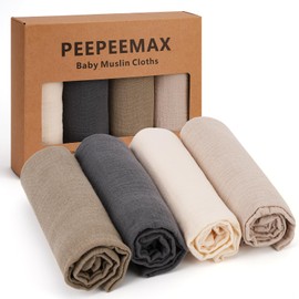 Peepeemax Muslin Cloths for Baby 50x25cm, 4 Pack 100% Cotton Muslin Squares, Soft Absorbent & Breathable Burp Cloths for Newborn Baby Boys & Girls, Neutral Grey