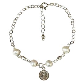 TClaudia, Pulsera San Benito Plata 925 con medalla y perlas. Brazalete, Pulseras de plata para mujer 925, Accesorios, Joyería y Regalos para Mujer. Ideal en Cumpleaños, Aniversarios, Navidad.