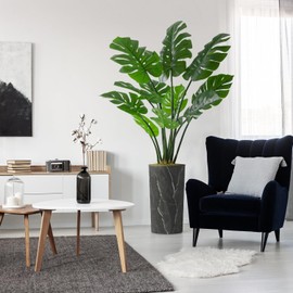 Artificial Tree in Modern Granite Effect Planter, Fake Monstera Silk Tree for Indoor and Outdoor Home Decoration - 65" Overall Tall (Plant Pot Plus Tree)
