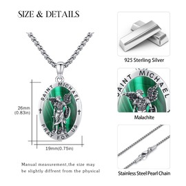 ZIPPICE Saint Michael Necklace 925 Sterling Silver Malachite St Michael Oval Pendant Archangel Michael Pendant Amulet Necklace Jewellery Gifts for Women Men with 20"+2" Stainless Steel Chain