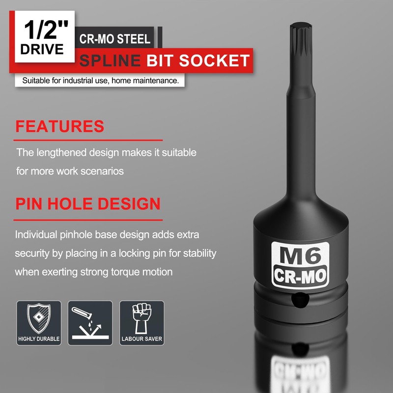 KIRXST Impact Triple Square Spline Bit Socket, 1/2" Drive M6
