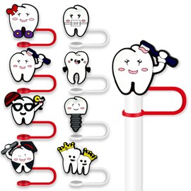 8Pcs Cartoon Softball Medical Cheer Dog Straw Covers Cap for Tumblers Cup, 10mm Teeth Ballet Straw Topper, Silicone Straw Tip Covers for Drinking Straws (F)