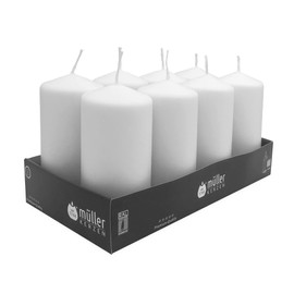 Müller Kerzen Pillar Candles - 2.36 x 4.72 Inch - Set of 8 White Candles - 32 Hours of Burn Time - Unscented, Dripless Wax - BSS Burn Through Safety Stop - RAL Quality - Made in Germany