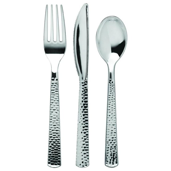 Silver Pebbled Plastic Cutlery Combo Set – Durable Disposable Forks,