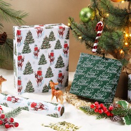 BIOBROWN Reversible Christmas Deer Wrapping Paper, 17 Inch x 33 Feet (47 sq.ft) Classic Green Tree and Reindeer Design with “Merry Christmas” Script for Holiday, Xmas, Season Party Celebration