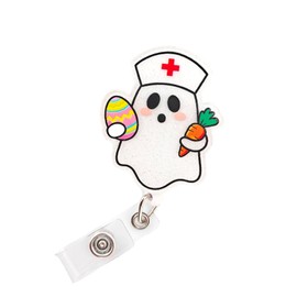 Easter Cute Ghost with Rabbit Egg Badge Reel, Retractable ID Badge Holder, Teacher Badge Clip, RN CNA MA Nursing Gifts, Cute Holiday Badge Reel